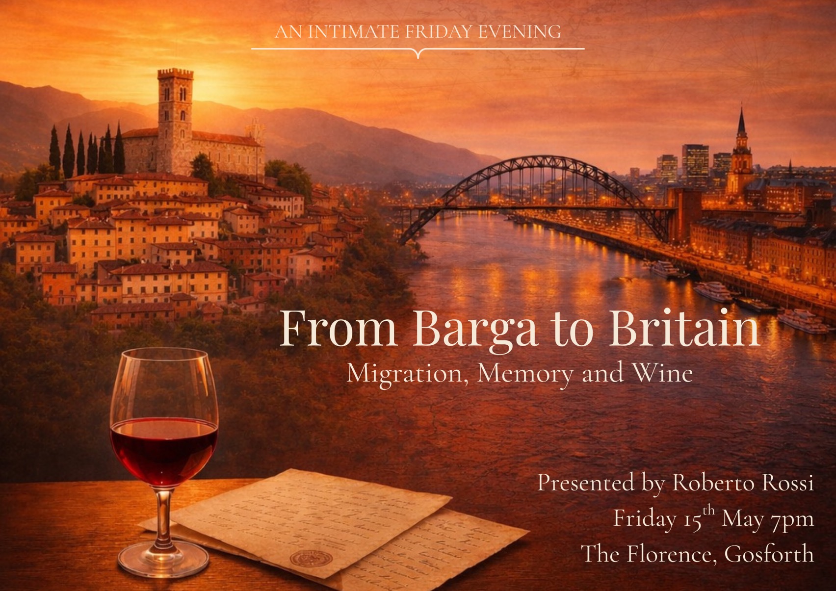 From Barga to Britain — Newcastle event poster, Friday 15 May at The Florence, Gosforth